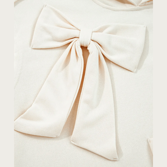 RTS White Solid Color Cute Bow Detail Loose Hoodie