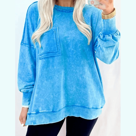 Roxie Blue Mineral Wash Raw Seam Double Patched Pocket Pullover Sweatshirt
