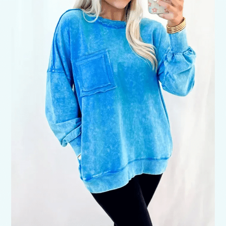 Roxie Blue Mineral Wash Raw Seam Double Patched Pocket Pullover Sweatshirt