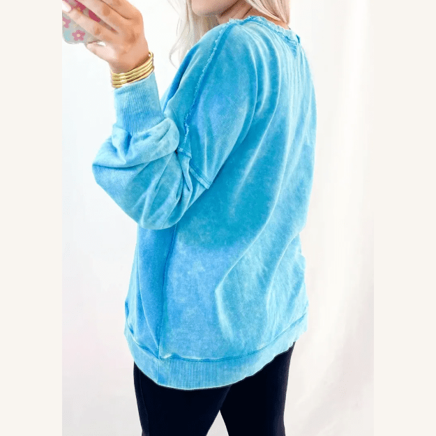 Roxie Blue Mineral Wash Raw Seam Double Patched Pocket Pullover Sweatshirt