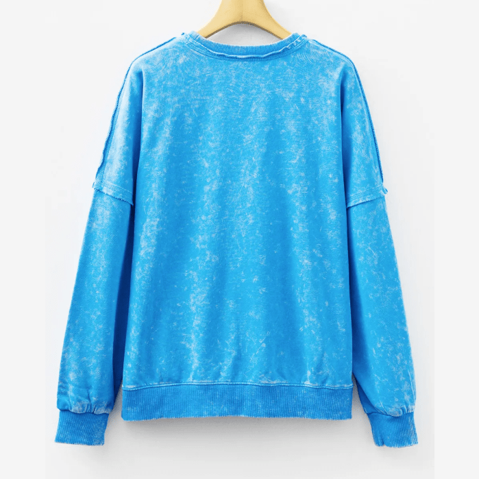 Roxie Blue Mineral Wash Raw Seam Double Patched Pocket Pullover Sweatshirt