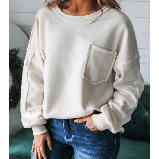 RTS White Exposed Seam Chest Pocket Knit Pullover Sweatshirt