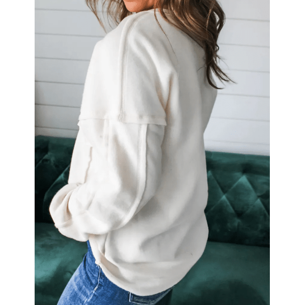 RTS White Exposed Seam Chest Pocket Knit Pullover Sweatshirt
