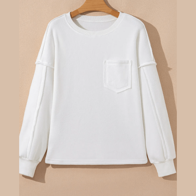 RTS White Exposed Seam Chest Pocket Knit Pullover Sweatshirt