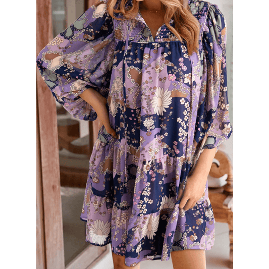 RTS Purple Vintage Daisy Floral Puff Sleeve Ruffle Short Dress