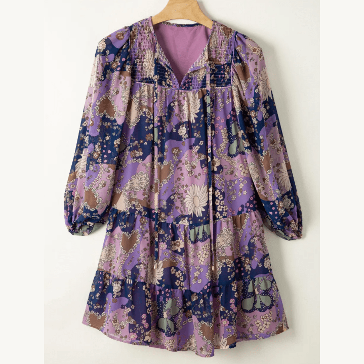 RTS Purple Vintage Daisy Floral Puff Sleeve Ruffle Short Dress