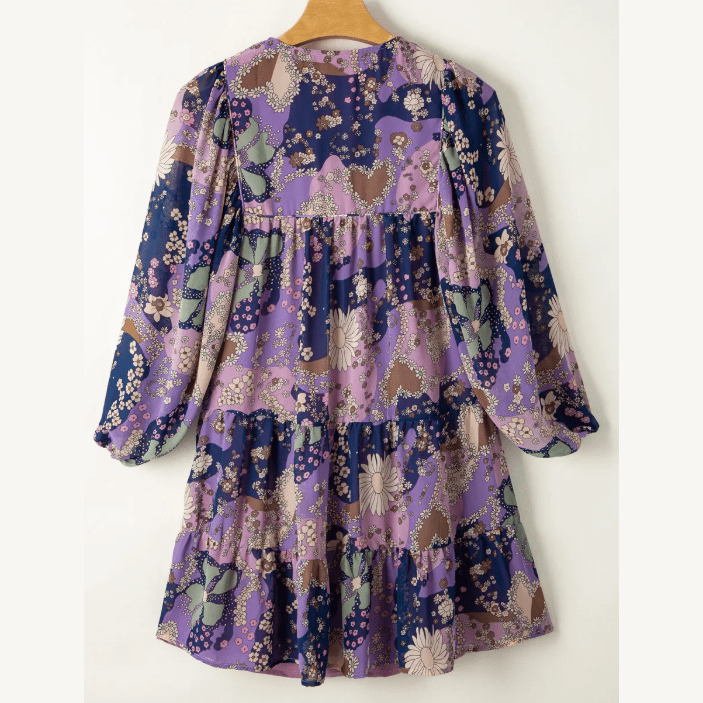 RTS Purple Vintage Daisy Floral Puff Sleeve Ruffle Short Dress