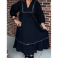 RTS Black Collared V Neck Smocked Detail Contrast Leopard Trim Bracelet Sleeve Long Dress