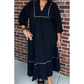 RTS Black Collared V Neck Smocked Detail Contrast Leopard Trim Bracelet Sleeve Long Dress