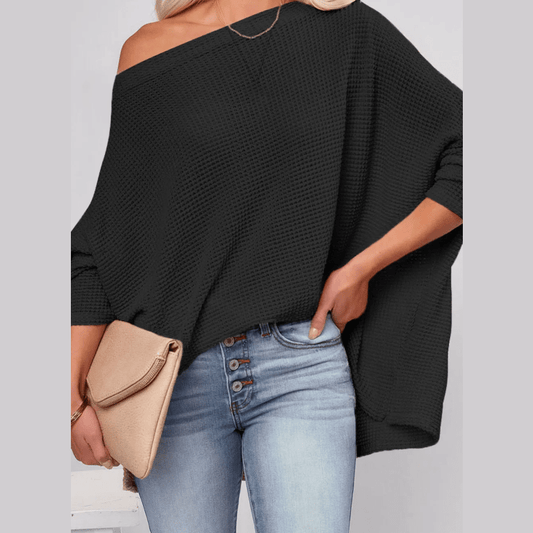 Abbigale Black Waffle Knit Eyelet Long Sleeve Blouse