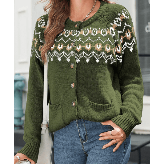 Tamia Moss Green Western Fashion Abstract Printed Cardigan Sweater