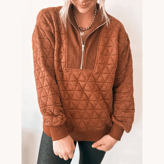 Charla Geometric Quilted Half Zipped Loose Sweatshirt
