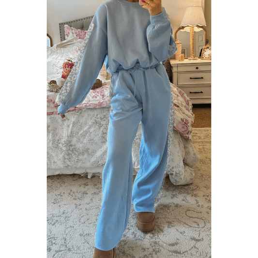 Cristabelle Beau Blue Floral Patchwork Drop Shoulder Pullover and Sweatpants Lounge Set