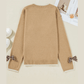Aliza Tan Leopard Bow Decor Split Cuff Contrast Trim Sweater