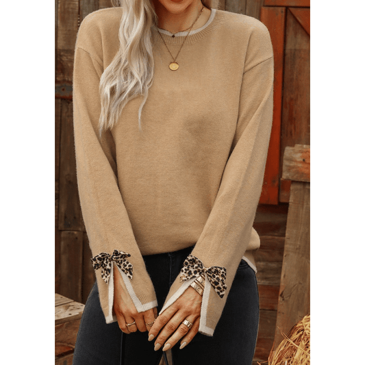 Aliza Tan Leopard Bow Decor Split Cuff Contrast Trim Sweater