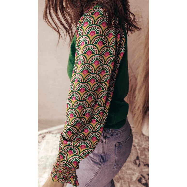Jelena Green Floral Patchwork Shirred Cuff Puff Sleeve Sweater