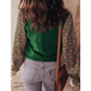 Jelena Green Floral Patchwork Shirred Cuff Puff Sleeve Sweater