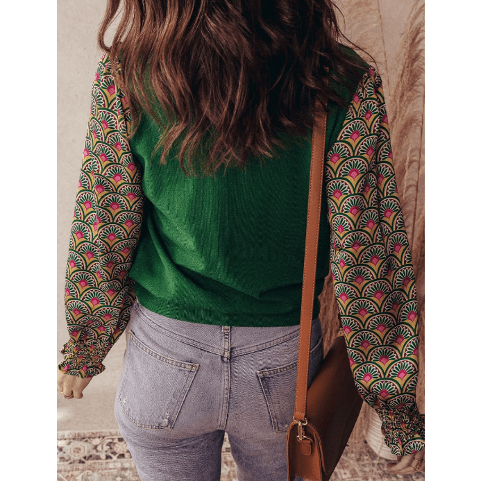 Jelena Green Floral Patchwork Shirred Cuff Puff Sleeve Sweater