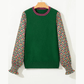 Jelena Green Floral Patchwork Shirred Cuff Puff Sleeve Sweater