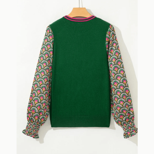 Jelena Green Floral Patchwork Shirred Cuff Puff Sleeve Sweater