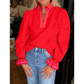 Jewell Fiery Red Striped Trim Ruffle Split Neck Long Sleeve Blouse