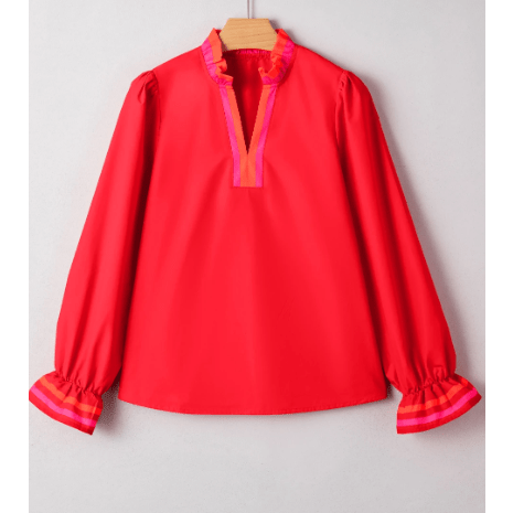 Jewell Fiery Red Striped Trim Ruffle Split Neck Long Sleeve Blouse