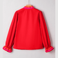 Jewell Fiery Red Striped Trim Ruffle Split Neck Long Sleeve Blouse
