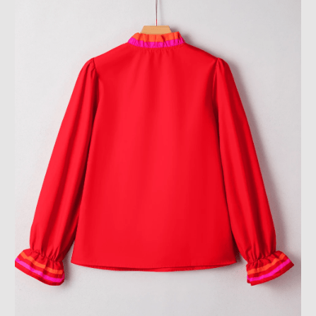 Jewell Fiery Red Striped Trim Ruffle Split Neck Long Sleeve Blouse