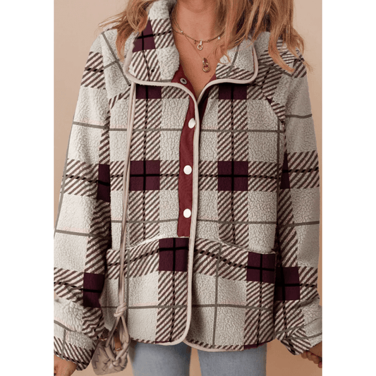 Elly Plaid Print Buttoned Stand Collar Fleece Jacket