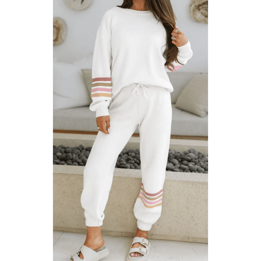 Barb Striped Drop Shoulder Round Neck Pullover and Jogger Pants Active Outfit