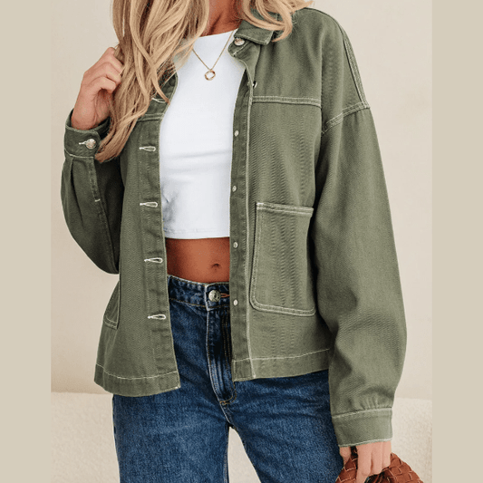 Della Green Patched Pocket Collared Button Front Boyfriend Denim Jacket