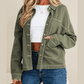 Della Green Patched Pocket Collared Button Front Boyfriend Denim Jacket