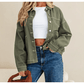 Della Green Patched Pocket Collared Button Front Boyfriend Denim Jacket