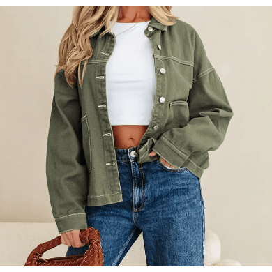 Della Green Patched Pocket Collared Button Front Boyfriend Denim Jacket
