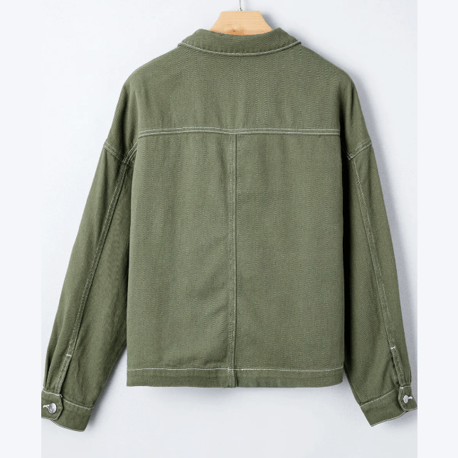 Della Green Patched Pocket Collared Button Front Boyfriend Denim Jacket