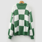 Gerda Mist Green Checkered Pattern Polo Collar Loose Sweater