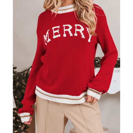 Fiery Red MERRY Color Block Edge Drop Shoulder Cozy Sweater
