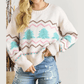 White Striped Christmas Tree Ribbed Trim Drop Shoulder Sweater