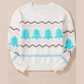 White Striped Christmas Tree Ribbed Trim Drop Shoulder Sweater