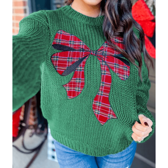 Evergreen Plaid Bow Graphic Christmas Sweater