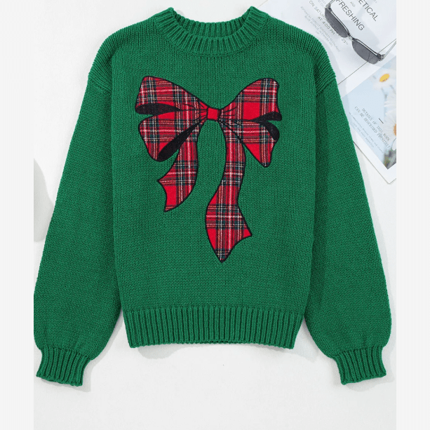 Evergreen Plaid Bow Graphic Christmas Sweater