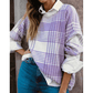 RTS Lilac Plaid Print Ribbed Trim Loose Sweater