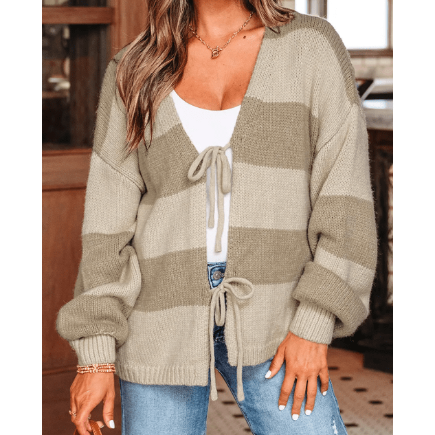 Aggie Khaki Striped Color Block Brushed Knit Bow Tie Front Sweater Cardigan
