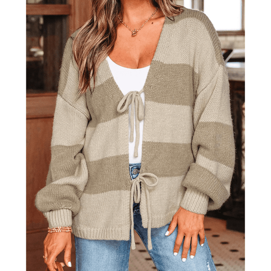Aggie Khaki Striped Color Block Brushed Knit Bow Tie Front Sweater Cardigan