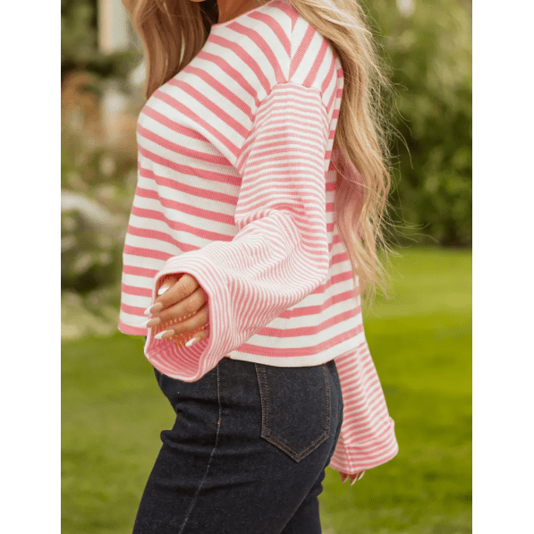 Emilia Pink Stripe Textured Contrast Dropped Long Sleeve Top