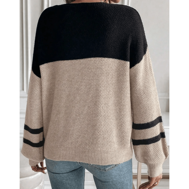 Frida Parchment Color Block Knit Striped Sleeve Detail Casual Sweater