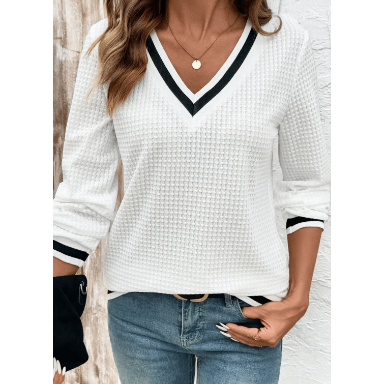Ivana White Textured Knit Preppy Striped Trim V Neck Pullover Waffle Top