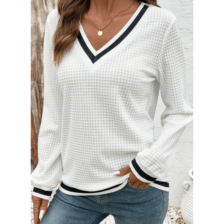 Ivana White Textured Knit Preppy Striped Trim V Neck Pullover Waffle Top