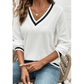 Ivana White Textured Knit Preppy Striped Trim V Neck Pullover Waffle Top