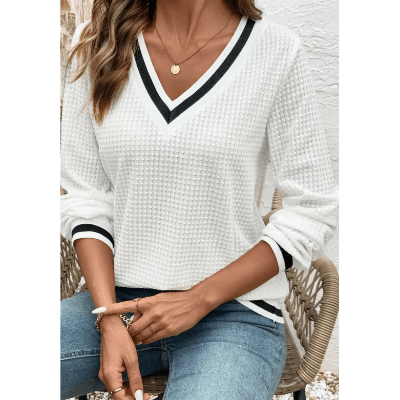 Ivana White Textured Knit Preppy Striped Trim V Neck Pullover Waffle Top